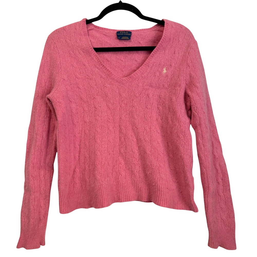 Polo Ralph Lauren Pink Cable Knit V-Neck Sweater Italian Yarn XL Preppy